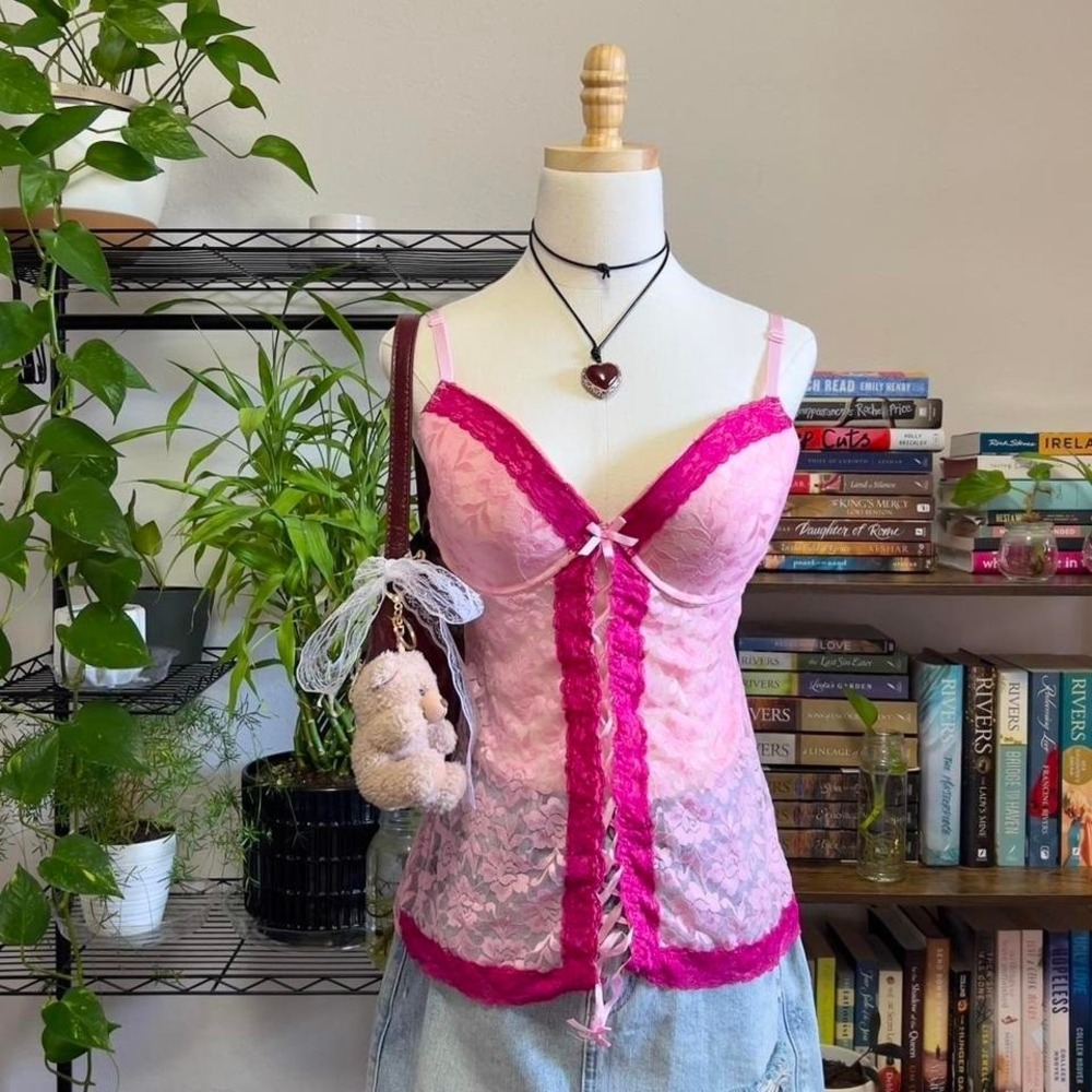 Pink Lace Bustier Lingerie Cami 38C Fairy Coquette Floral Lace & Bow Y2K Style‎